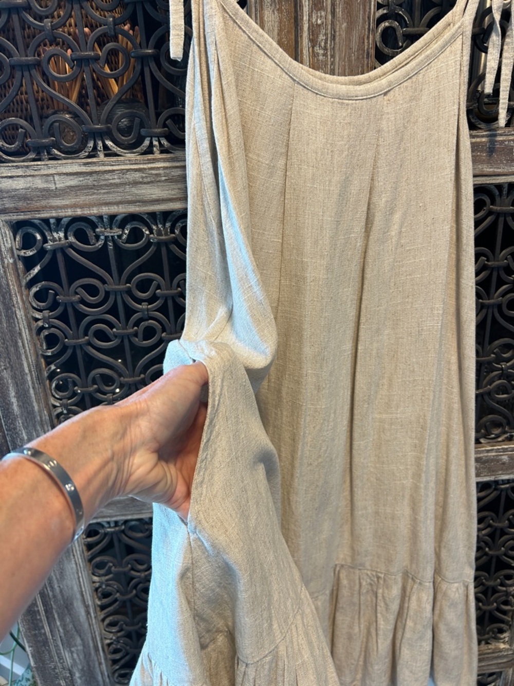 Lightweight Linen Beige Tie-Shoulder Sundress - Picture 2 of 4
